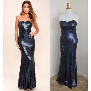 Lulu's Blue Sequin Long Strapless Formal Dress